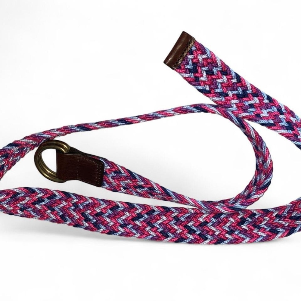 Eddie Bauer Pink and Blue Braided woven cotton Belt d ring leather edges L/XL
